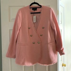 Eloquii lined pale pink blazer with silver buttons.